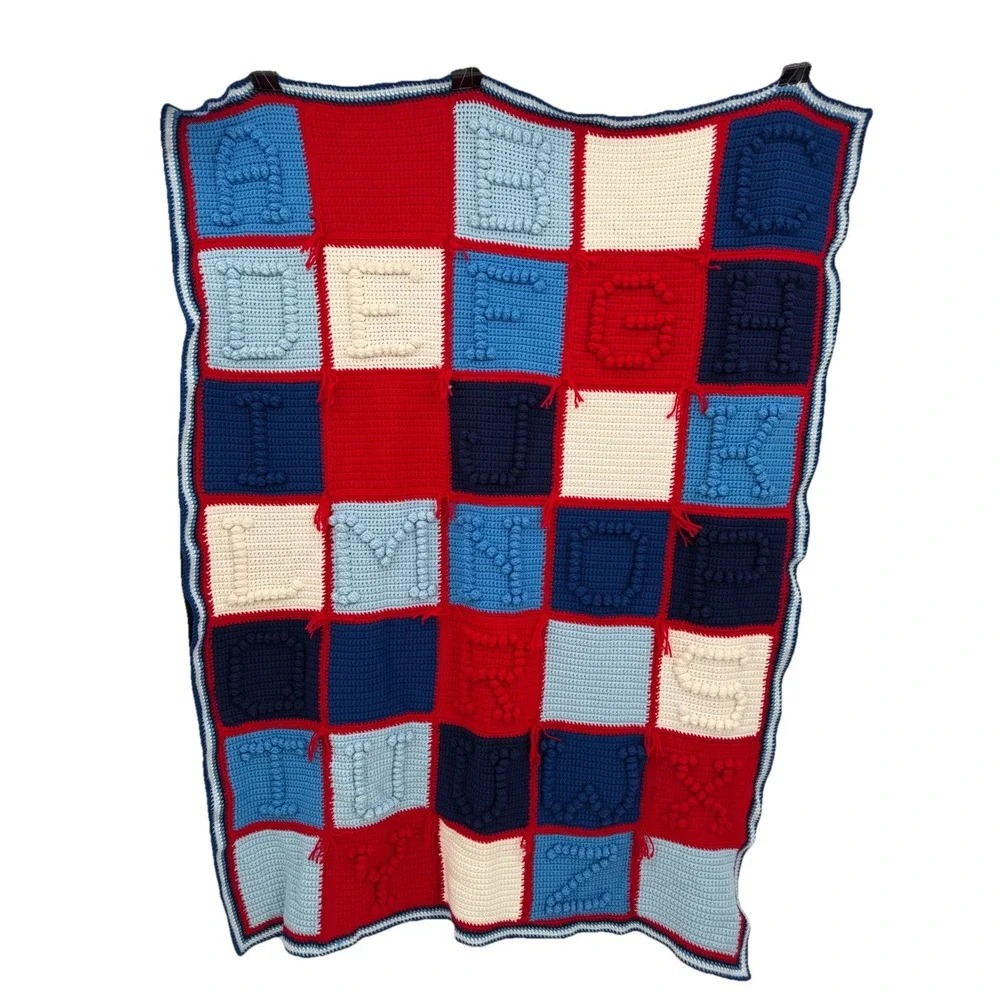 Vintage Handmade Crocheted Crib Quilt Alphabet 3D